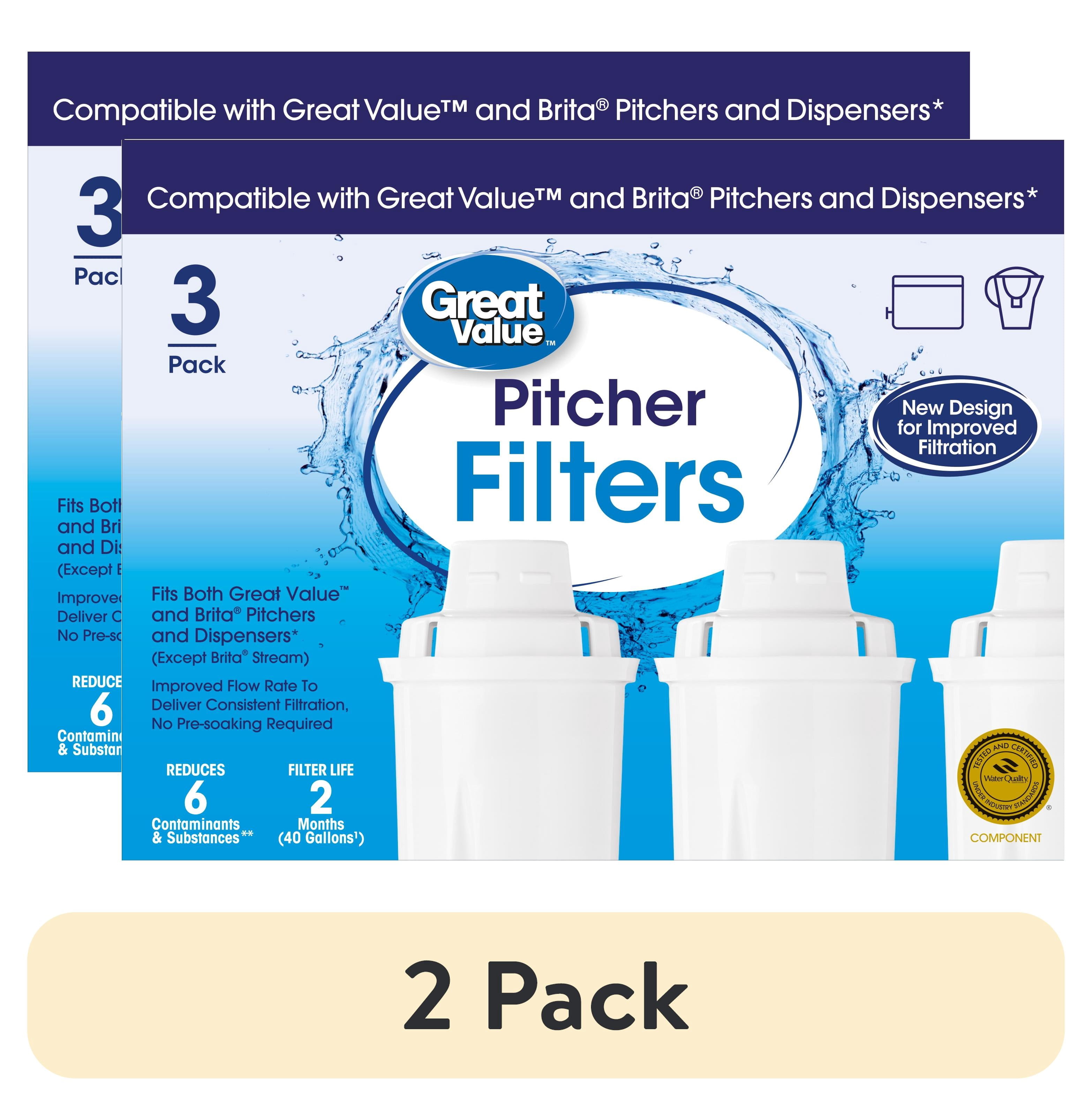 (2 pack) Great Value Water Filters, Fits Great Value & Brita Pitchers, Replacement 3 Pack