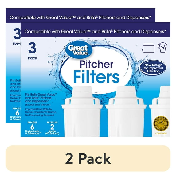(2 pack) Great Value Water Filters, Fits Great Value & Brita Pitchers, Replacement 3 Pack