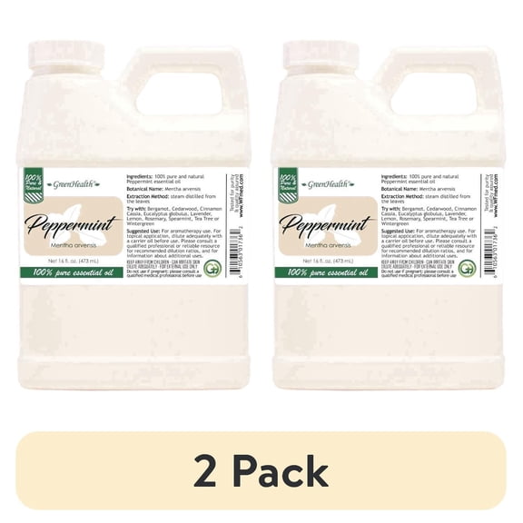 (2 pack) GreenHealth Peppermint Essential Oil, 16 fl oz 100% Pure Essential Oil, Aromatherapy Grade Space-Saving FDA-Compliant Jug with Child-Resistant Cap