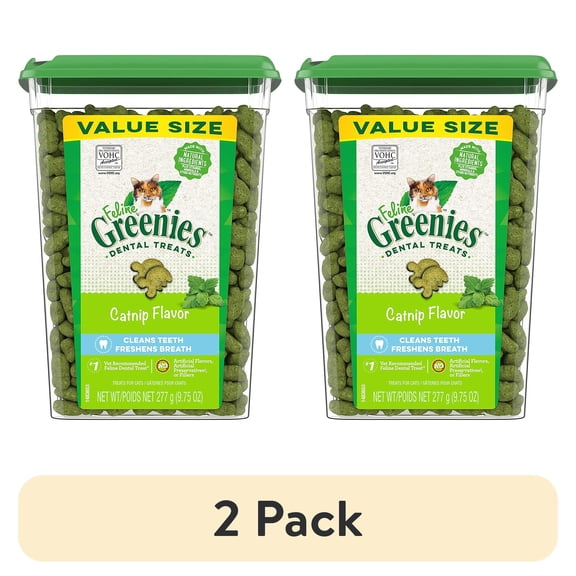 (2 pack) Greenies Feline Adult Natural Dental Care Cat Treats, Catnip Flavor, 9.75 oz. Tub