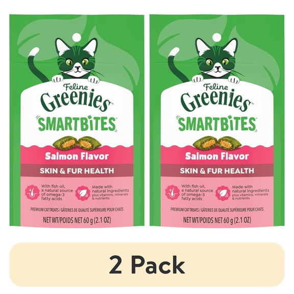 (2 pack) Greenies Feline Smartbites Salmon Flavor Skin & Fur Health Cat Treats, 2.1 oz Pack