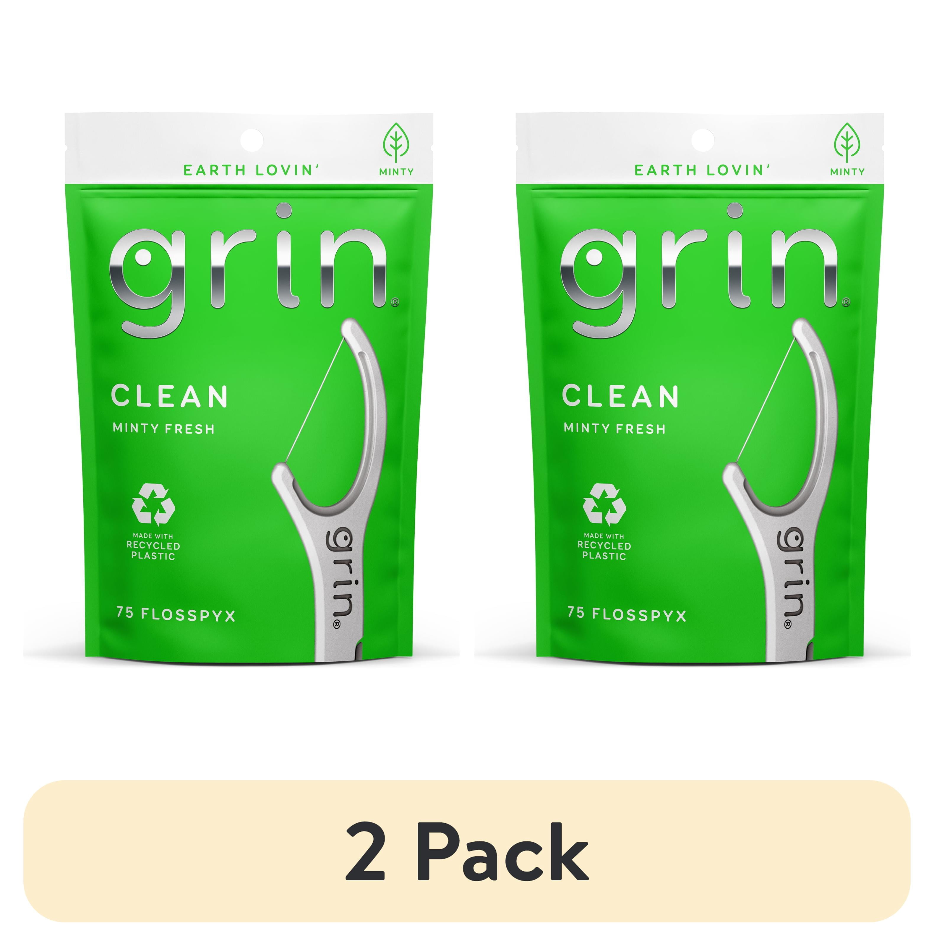 (2 pack) Grin Clean Flosspyx - 75 ct - Dental Floss Picks, Flossers, Super Strong Floss, For Tight Teeth, Minty Fresh, Made with Recycled Plastic