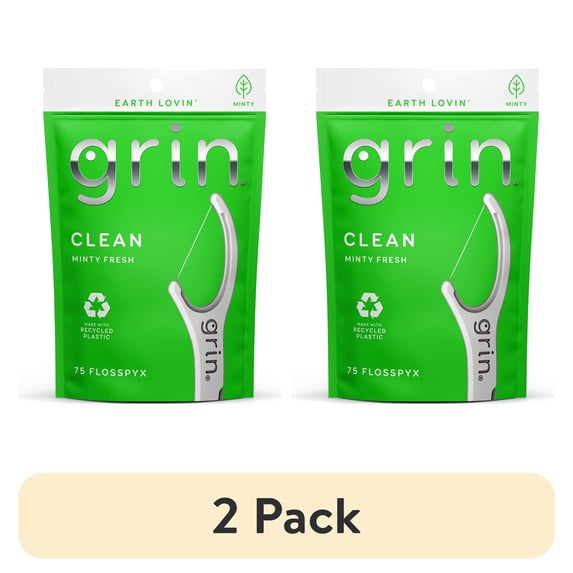 (2 pack) Grin Clean Flosspyx - 75 ct - Dental Floss Picks, Flossers, Super Strong Floss, For Tight Teeth, Minty Fresh, Made with Recycled Plastic
