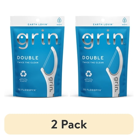 (2 pack) GRIN Double Flosspyx Floss Picks, Mint Flavor, 75 Count, Recycled Plastic, 2-Line Floss