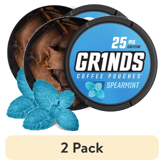 (2 pack) Grinds Coffee Pouches, Nicotine-Free, 25mg Caffeine, Spearmint, 15 Pouches (1 Can)