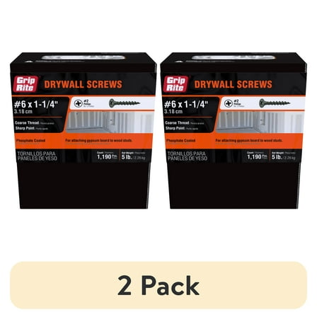 (2 pack) Grip-Rite #6 x 1-1/4 in. Phillips Bugle-Head Coarse Thread Sharp Point Drywall to Wood Screw 5 lb.