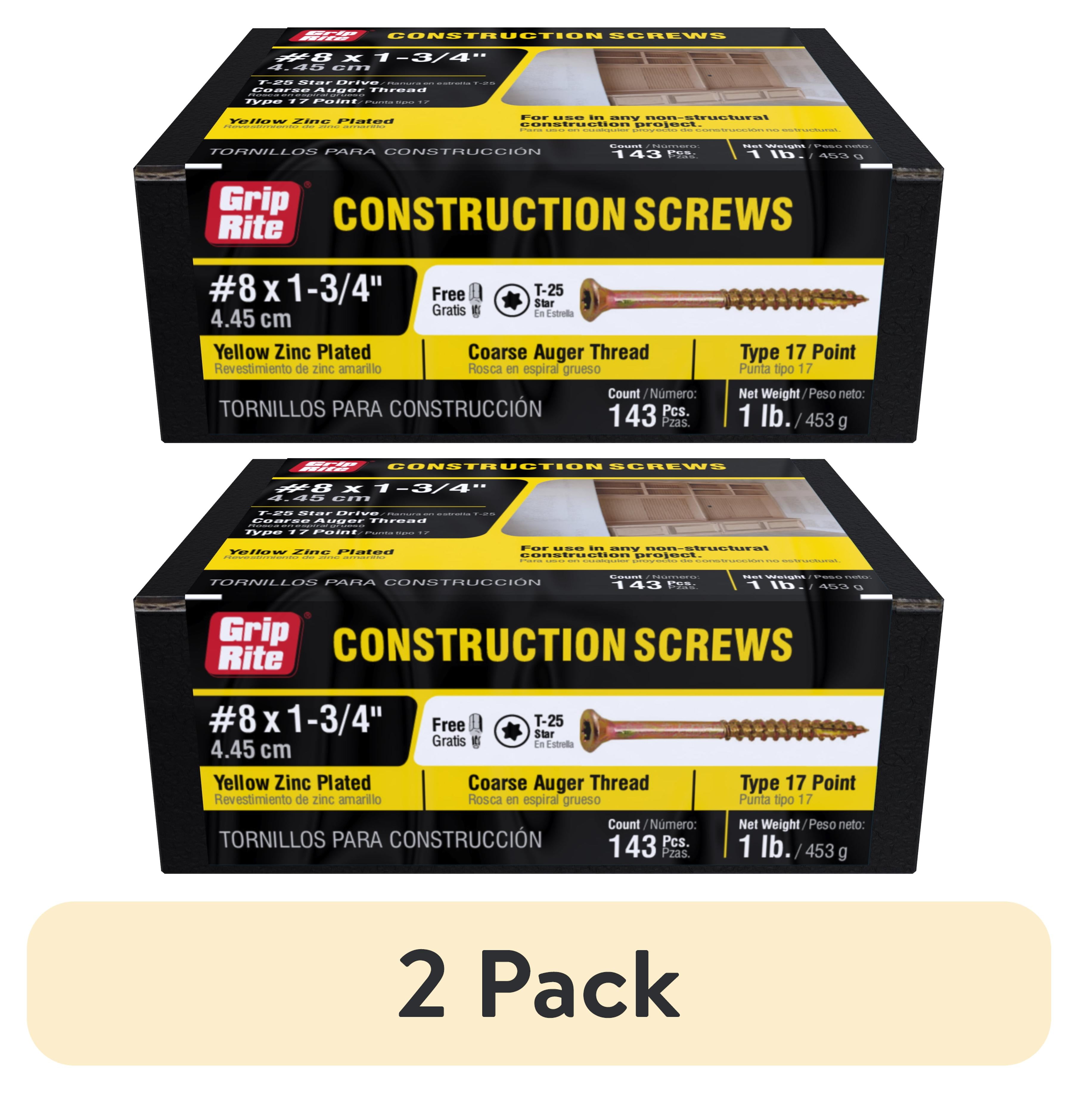 (2 pack) Grip-Rite #8 X 1-3/4 in. Star Drive Gold Construction Wood Screw 1 lb.