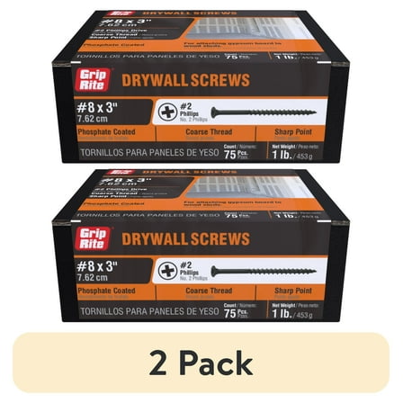 (2 pack) Grip-Rite #8 x 3 in. Phillips Bugle-Head Coarse Thread Sharp Point Drywall to Wood Screw 1 lb.