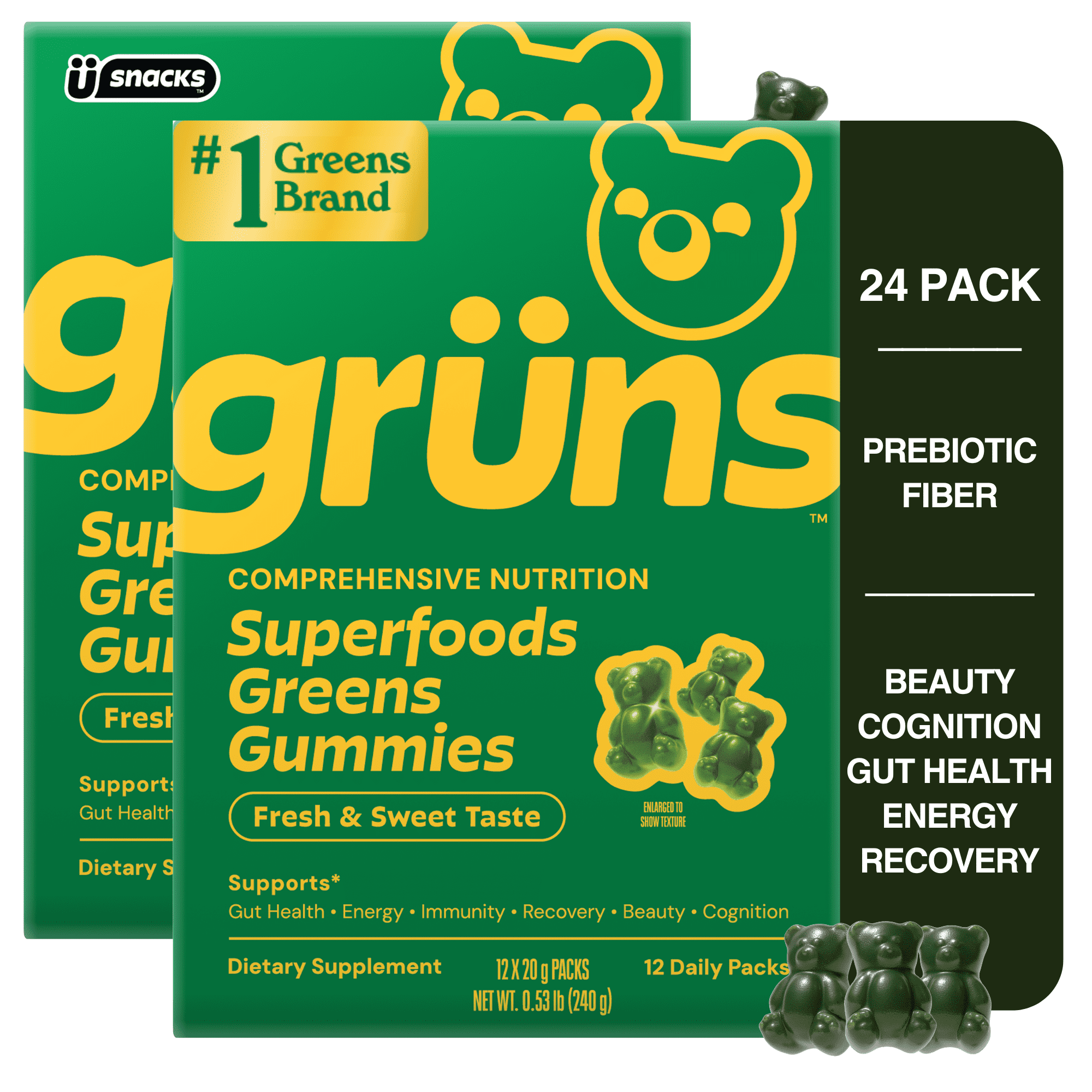 Gruns Superfood Multivitamin Greens Gummies with Prebiotic Fiber for Adults, 12 Count