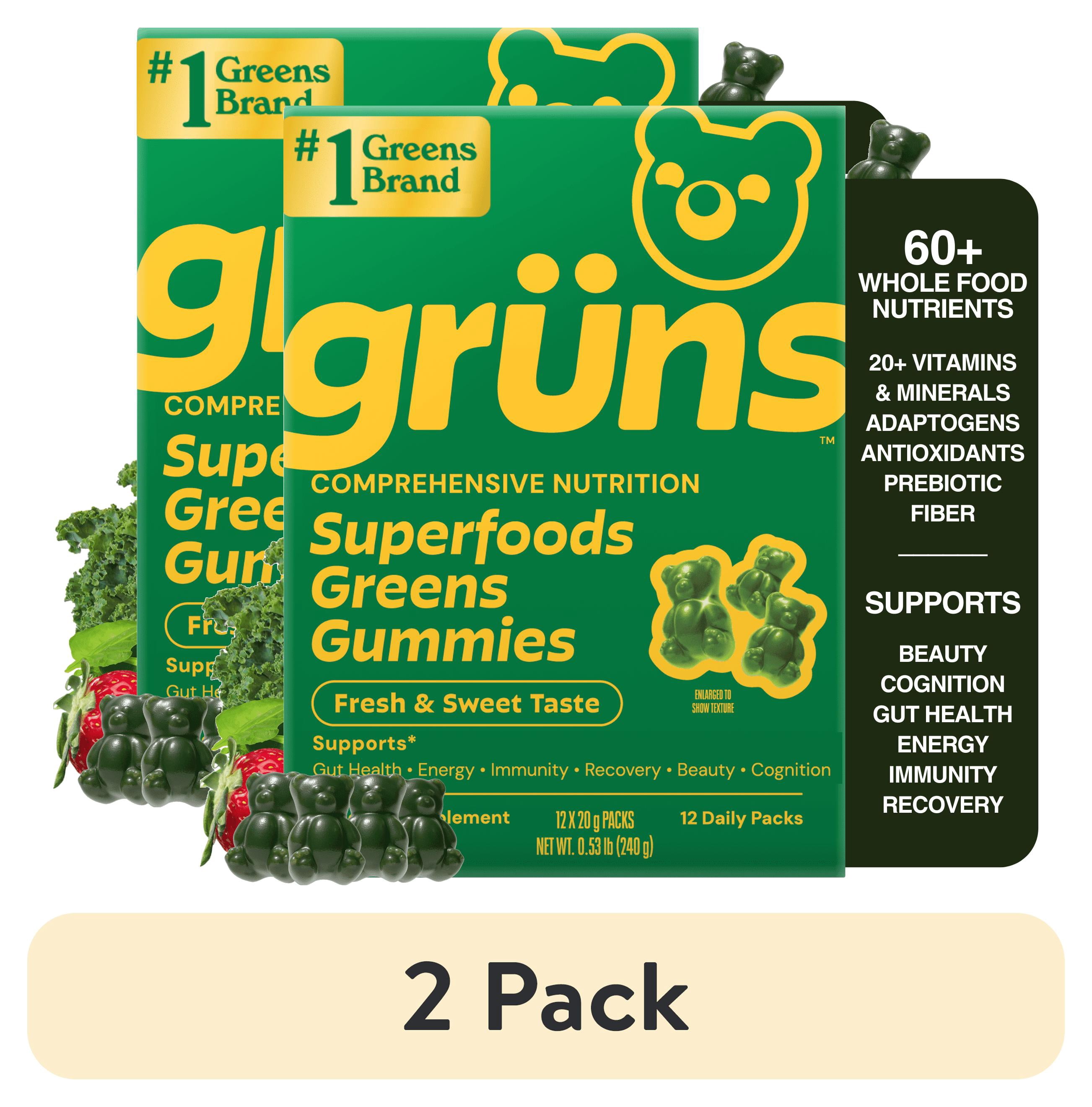 (2 pack) Gruns Adult Superfood Greens Gummies, with 60 Organic Ingredients, 21+ Vitamins & Minerals, Prebiotics and Fiber for Digestion, Adaptogens, Spirulina & Chlorella, 12 Servings