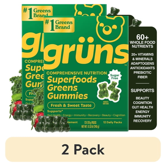 (2 pack) Gruns Adult Superfood Greens Gummies, Sugar-Free, 21 Vitamins & Minerals, Prebiotics Fiber for Digestion, Adaptogens, Spirulina Chlorella, 12 Servings