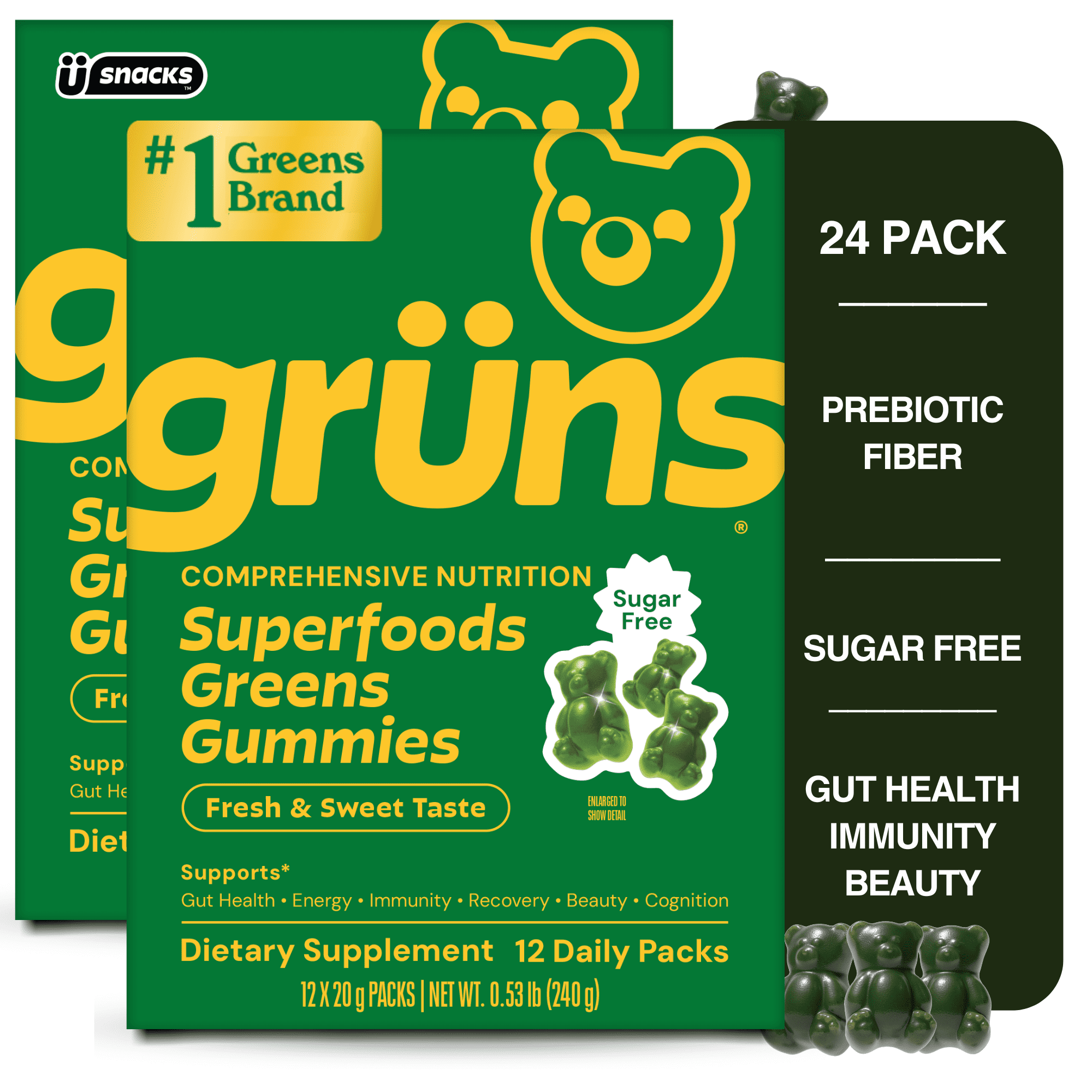 2 pack) Gruns Sugar Free Superfood Multivitamin Greens Gummies for