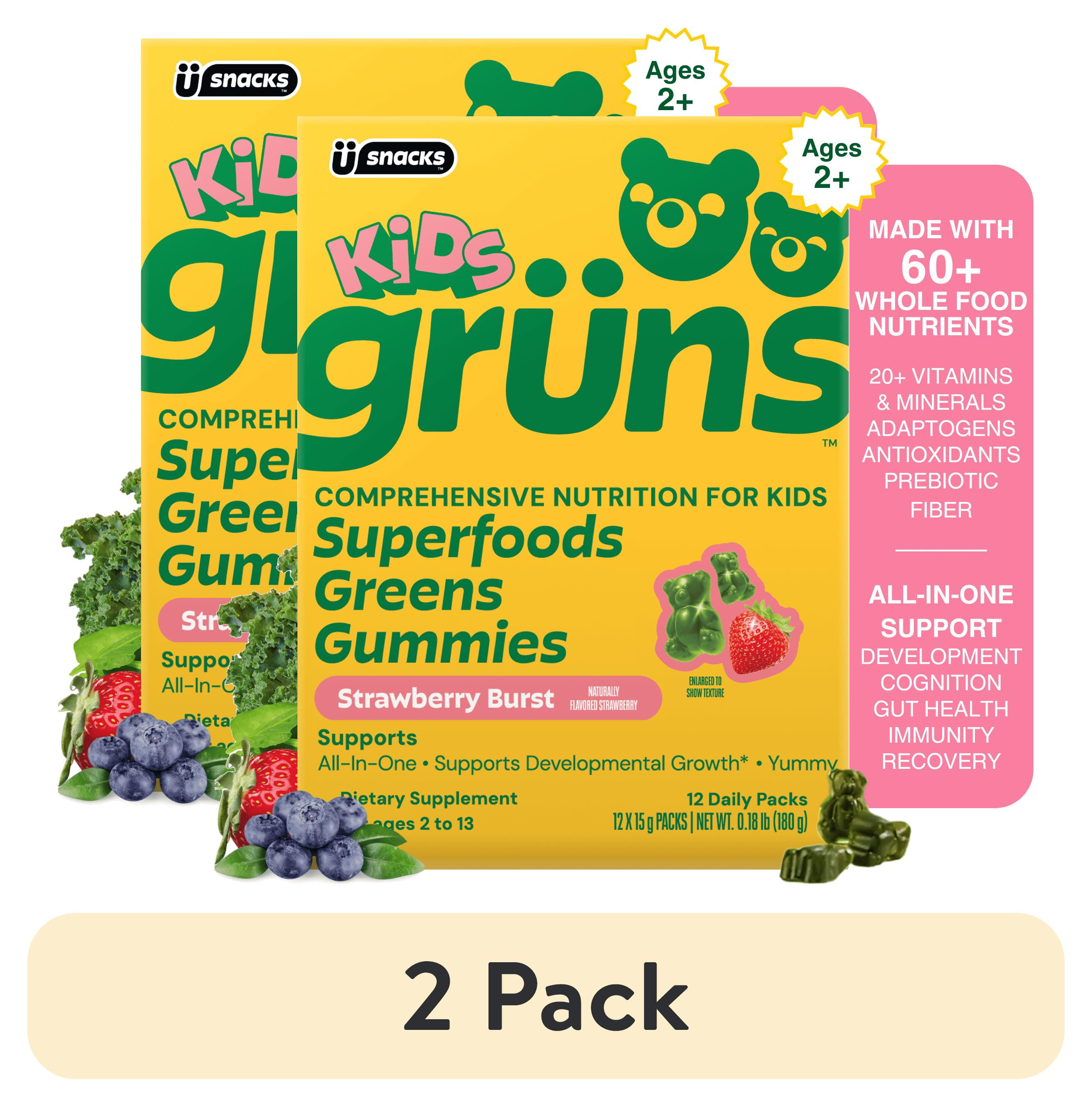 (2 pack) Grüns Kids Superfood Greens Gummies, Made with 60 Organic Ingredients, 20+ Vitamins & Minerals, Prebiotics, Adapotgens, Spirulina & Chlorella, Ages 2+, 12 Servings