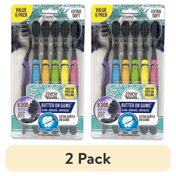 (2 pack) GuruNanda Butter on Gums Charcoal Toothbrush - Extra Soft Bristles - 6 Pack
