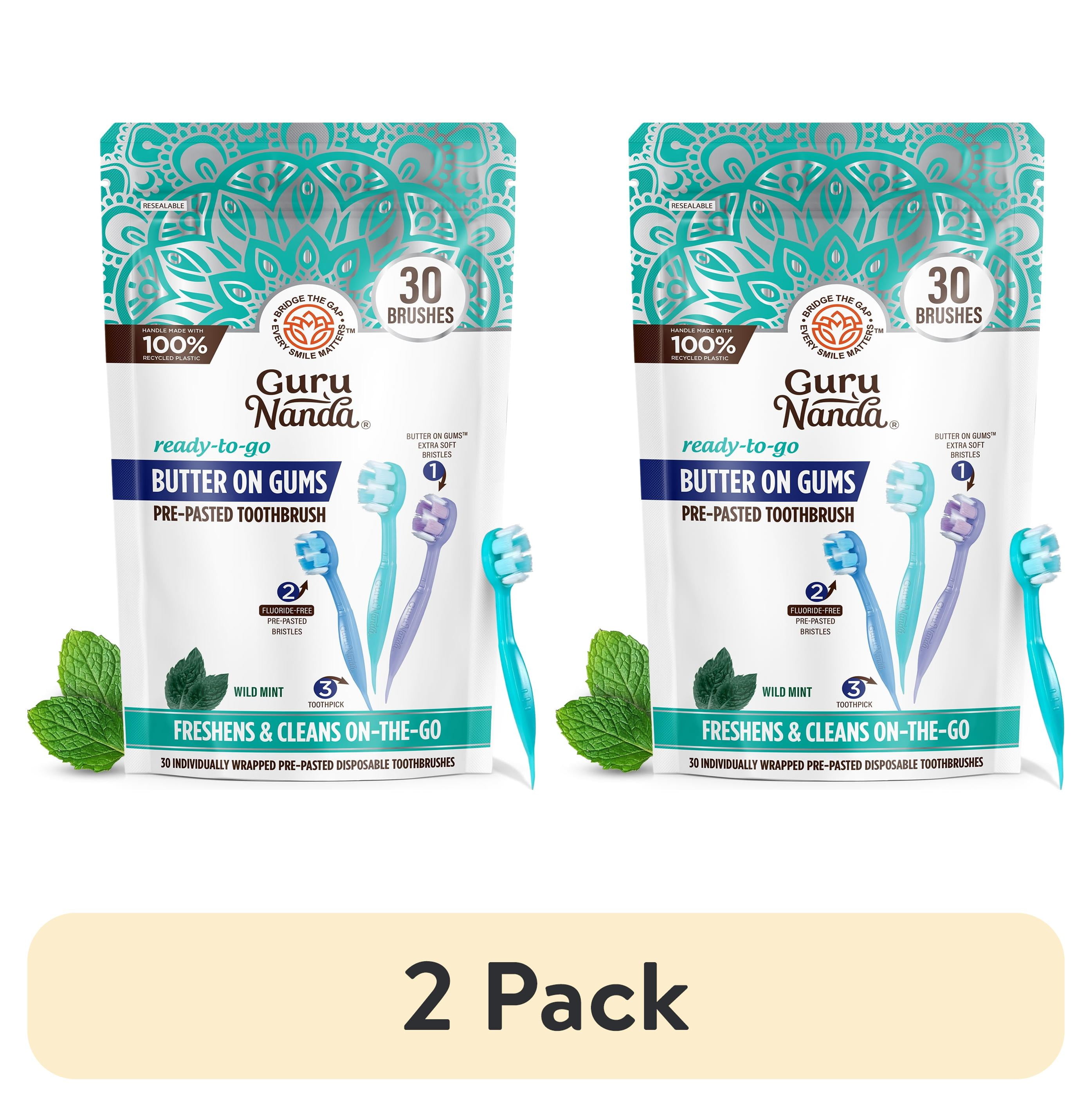 (2 pack) GuruNanda Butter on Gums Mini Travel Toothbrushes - Soft Bristles with Toothpaste -  30 Count