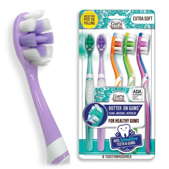 (2 pack) GuruNanda Butter on Gums Toothbrush - Extra Soft Bristles - ADA Accepted - Multi-Colored for Adults & Kids - 8 Pack