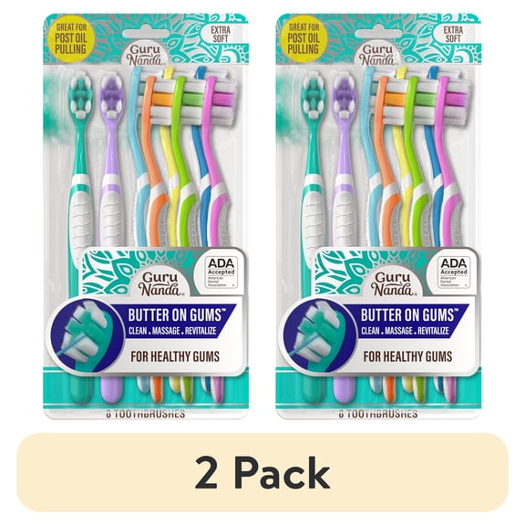 (2 pack) GuruNanda Butter on Gums Toothbrush - Extra Soft Bristles - ADA Accepted - Multi-Colored for Adults & Kids - 8 Pack