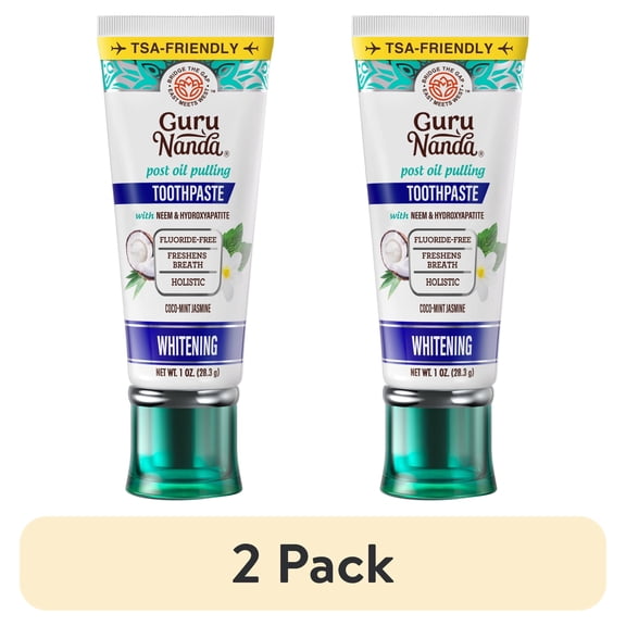 (2 pack) GuruNanda Travel Toothpaste with Hydroxyapatite, Fluoride-Free, SLS-Free, CocoMint Jasmine Neem, 1 oz