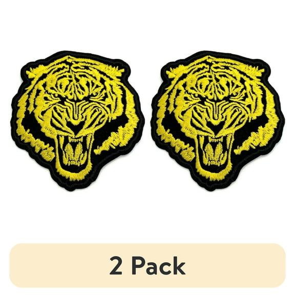(2 pack) Gwen Studios Black and Yellow Fighting Tiger Embroidered Iron-on Patch Applique, 4" x 3.75"