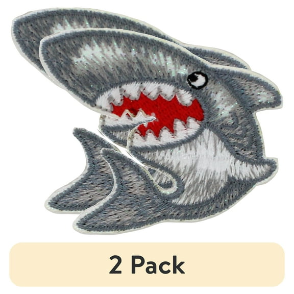 (2 pack) Gwen Studios Embroidered Gray Shark Iron-on Patch Applique, 2.2" x 2"