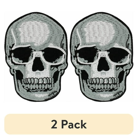 (2 pack) Gwen Studios Embroidered Gray Skull Iron-on Patch Applique, 2.6" x 3.8"
