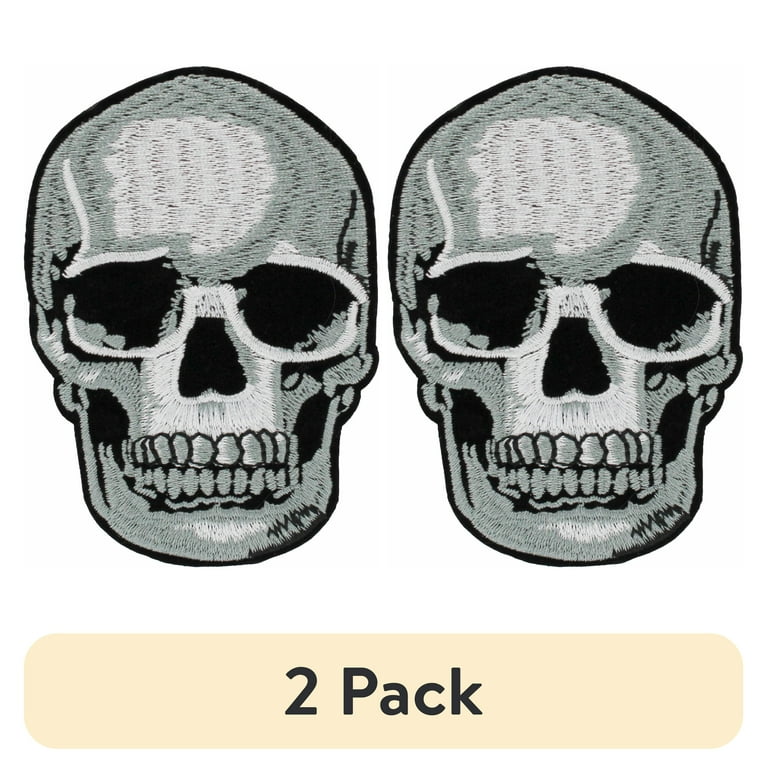 2 pack) Gwen Studios Embroidered Gray Skull Iron-on Patch Applique