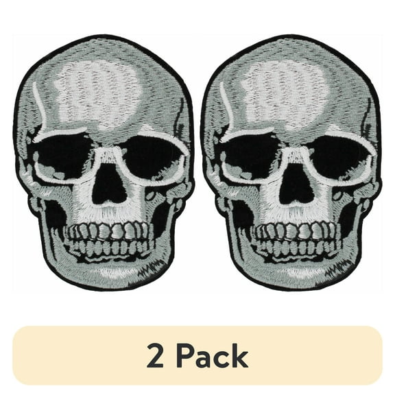 (2 pack) Gwen Studios Embroidered Gray Skull Iron-on Patch Applique, 2.6" x 3.8"