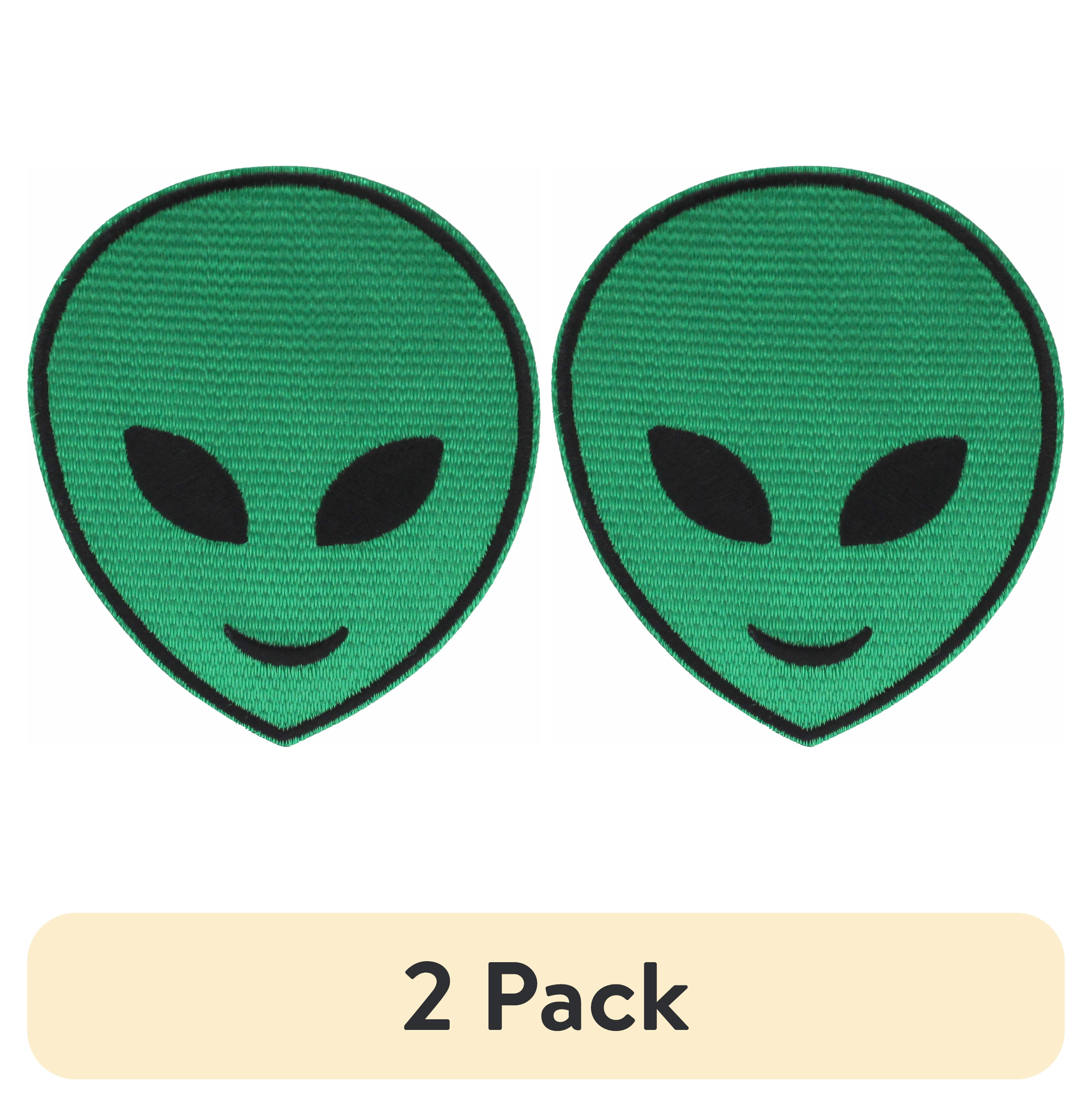 (2 pack) Gwen Studios Embroidered Green Alien Face Iron-on Patch Applique, 3.8" x 3.3"