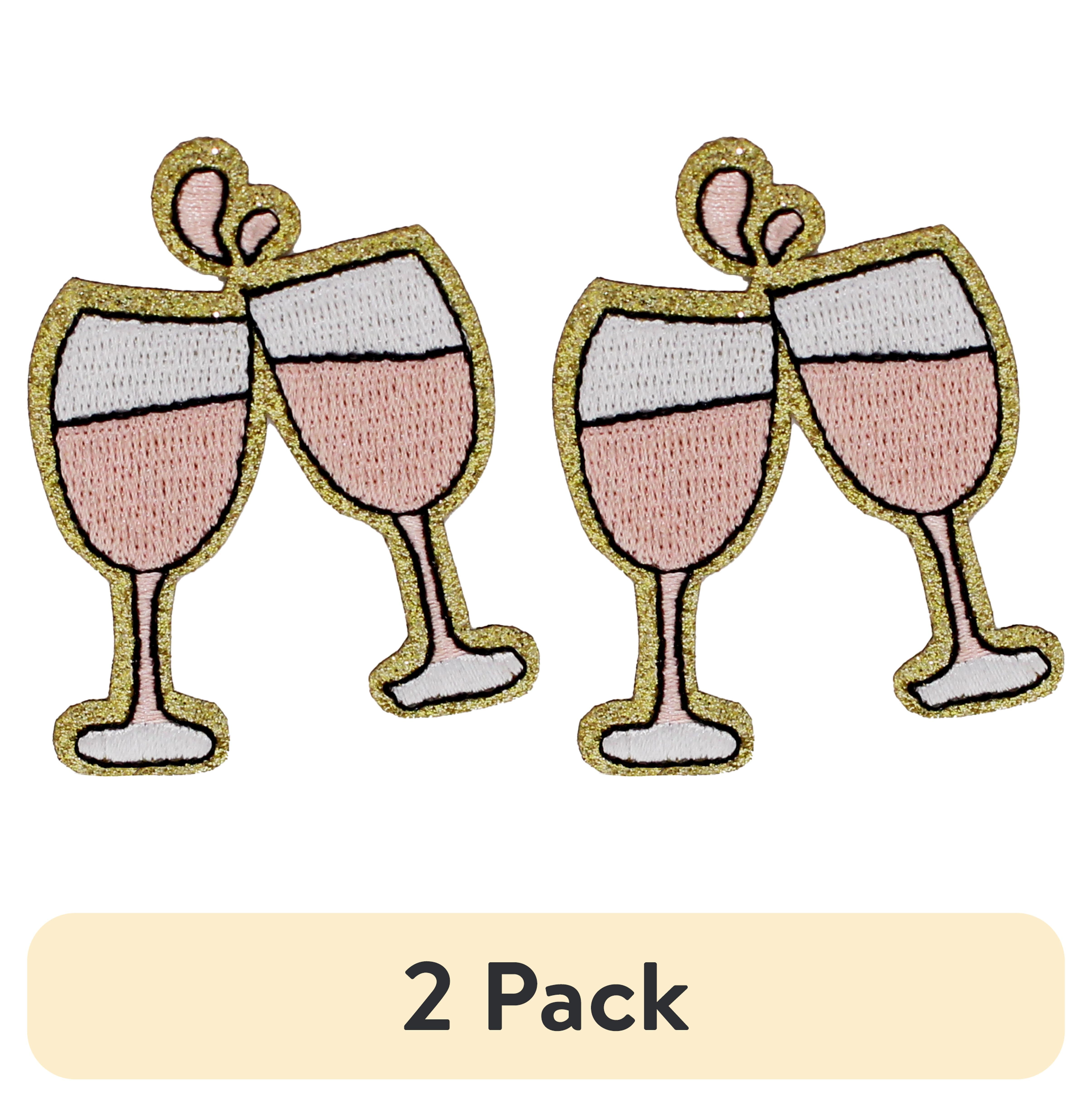(2 pack) Gwen Studios Embroidered Pink Champagne Toast Iron-on Patch Applique, 1.6" x 2.4"
