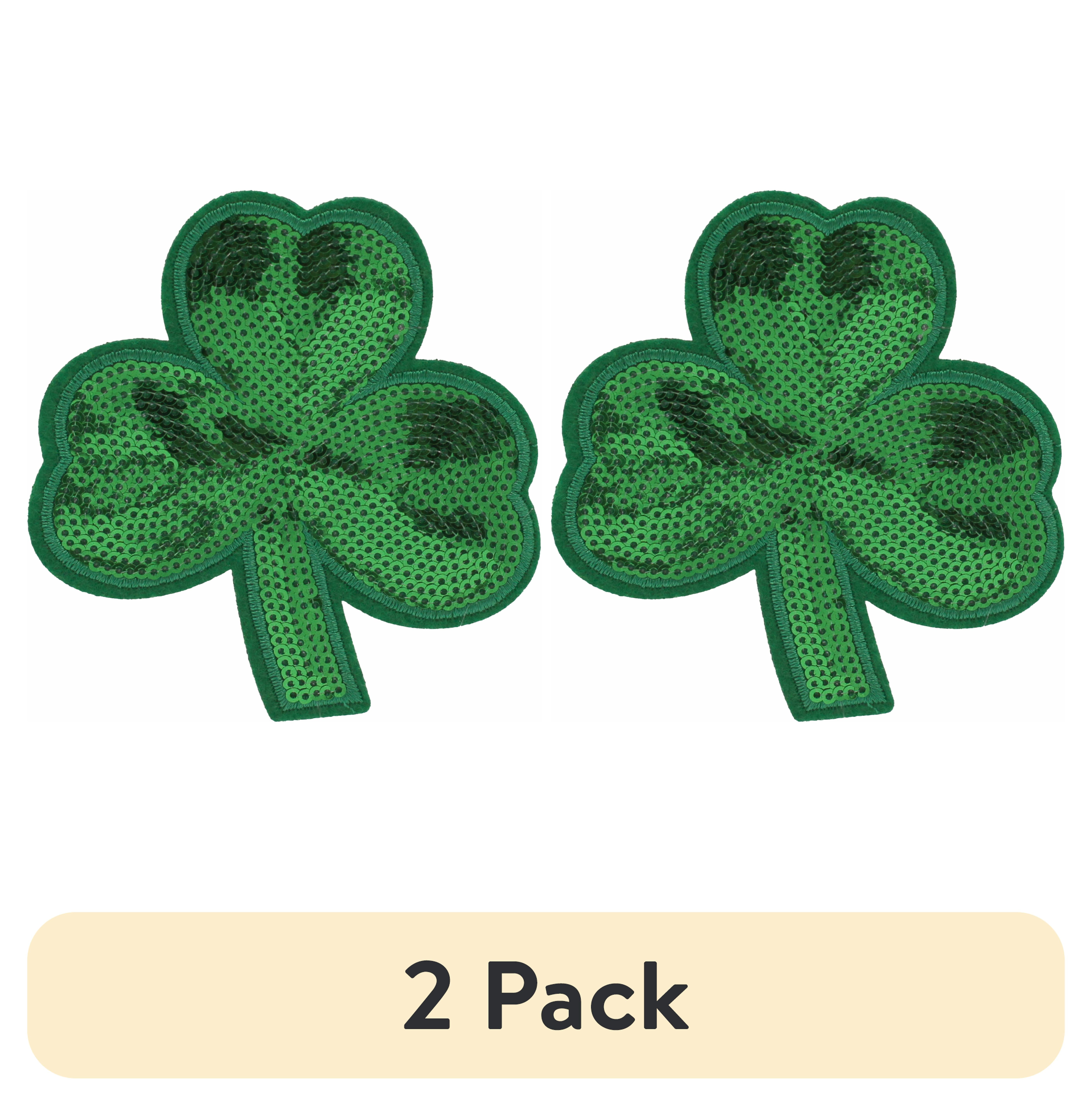 (2 pack) Gwen Studios Embroidered Sequin Green Clover Iron-on Patch Applique, 3.6" x 3.9"