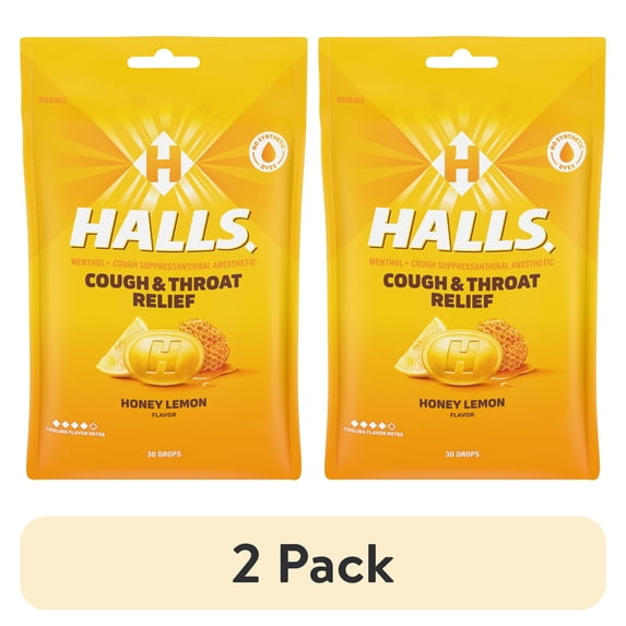 (2 pack) HALLS Cough and Throat Relief Honey Lemon Cough Drops, 30 Drops