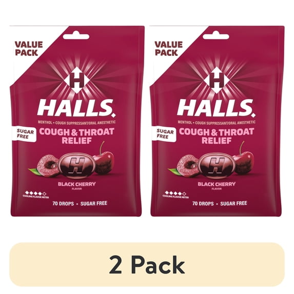 (2 pack) HALLS Cough & Throat Relief Black Cherry Sugar Free Cough Drops, Value Pack, 70 Drops