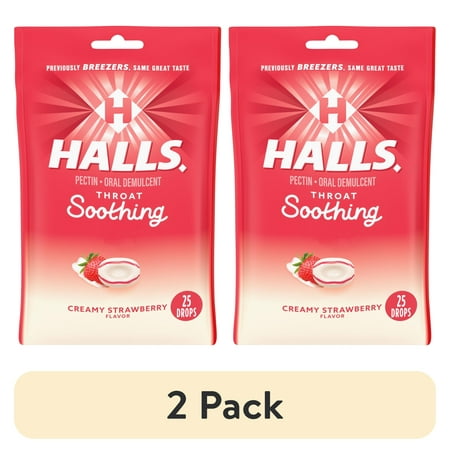 (2 pack) HALLS Throat Soothing (Previously HALLS Breezers) Creamy Strawberry Throat Drops, 25 Drops