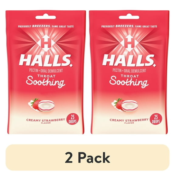 (2 pack) HALLS Throat Soothing (Previously HALLS Breezers) Creamy Strawberry Throat Drops, 25 Drops
