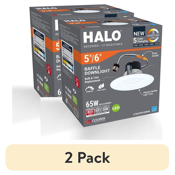(2 pack) HALO LT 5 / 6 inch Indoor/Outdoor Recessed LED Retrofit Trim Can Light, 5CCT 2700K/3000K/3500K/4000k/5000K - LT56079FS1EWHR