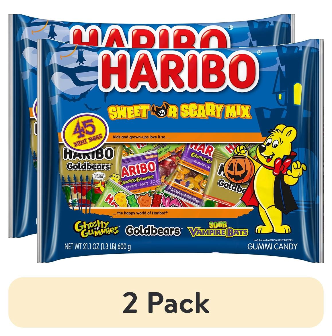 (2 pack) HARIBO Sweet or Scary Halloween Assorted Fruit Flavor Gummy Candy, 21.1oz, 45ct Mini Gummy Pouches