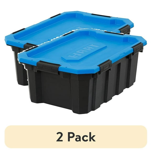 (2 pack) HART Water Resistant Plastic Storage Bins Black with Blue Lid, 18 Gallon