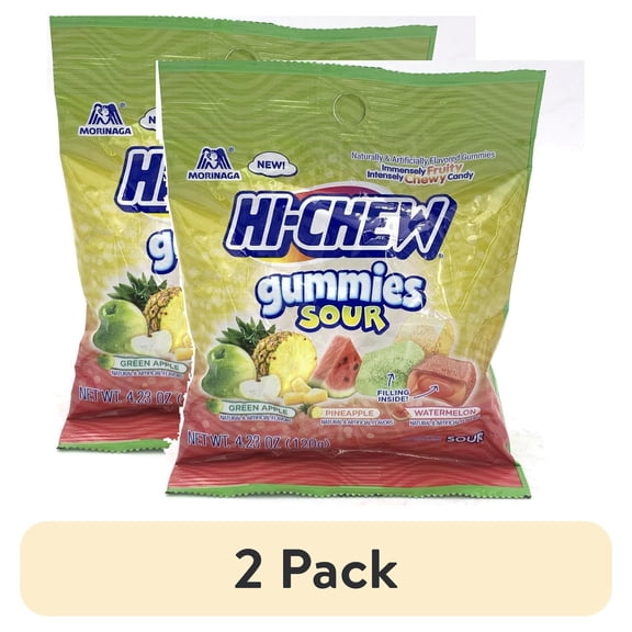 (2 pack) HI-CHEW Gummies Sour Mix - Green Apple, Pineapple, Watermelon - Soft & Chewy Fruity Candy 4.23 oz Bag