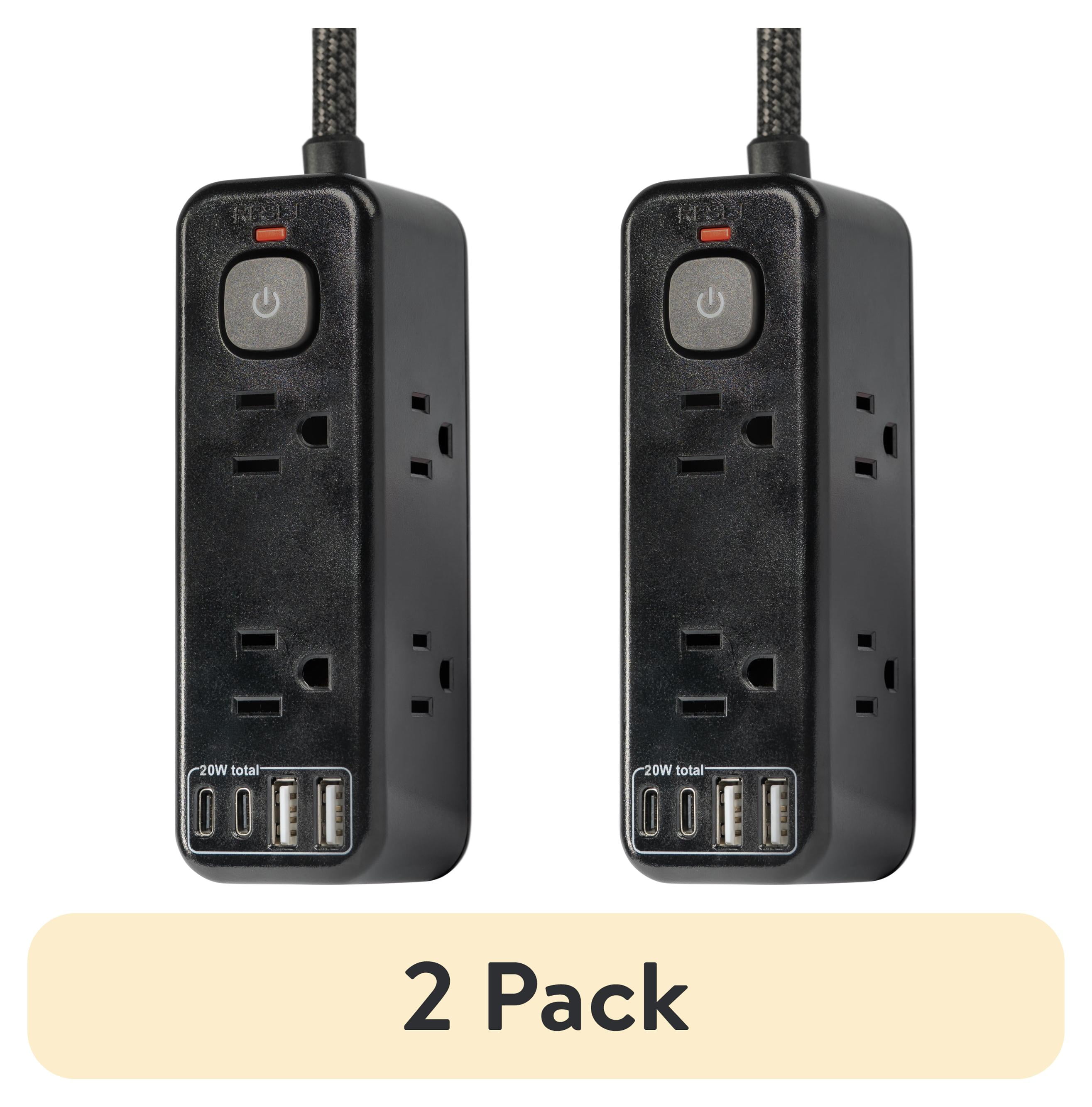(2 pack) Hyper Tough USB Power Strip, 3ft Extension Cord, 6 Outlet, USB-A, USB-C, 900J Surge Protector, Black