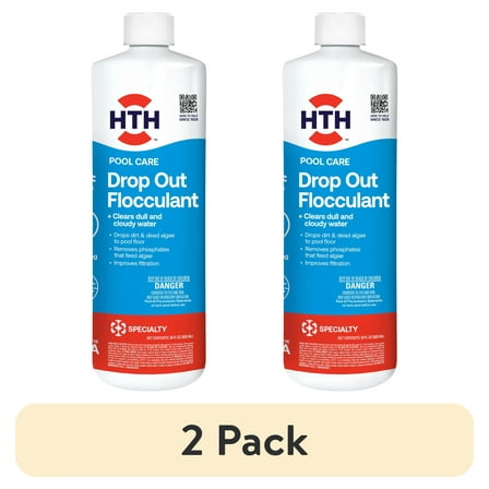 (2 pack) HTH Drop Out Flocculant — 28 oz Liquid Pool Clarifier — Removes Fine Particles to Clear Cloudy Water