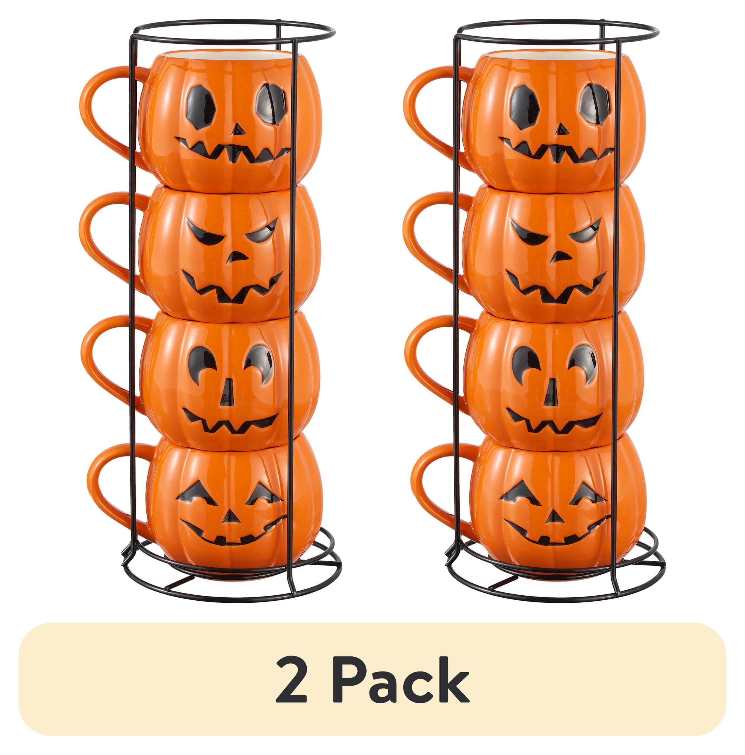(2 pack) Halloween 13-Ounce Orange Pumpkin Stoneware Stackable Mug Set with Iron Rack, by Way To Celebrate