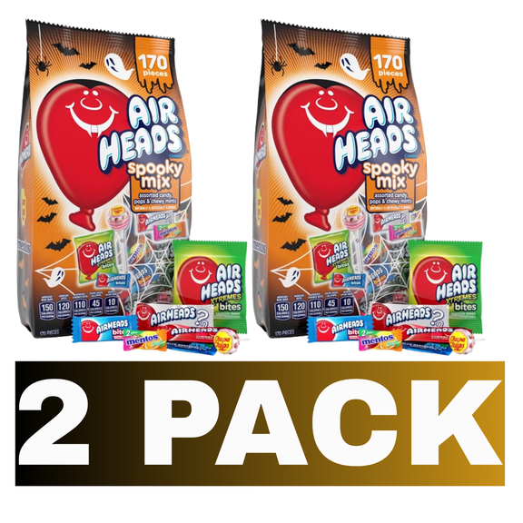 2-pack Halloween candy variety mix 170 assorted pieces per bag Includes Airheads and Airheads Bites Includes Airheads Xtremes Bites Includes Mentos Chewy Mints Includes Chupa Chups assorted lollipops