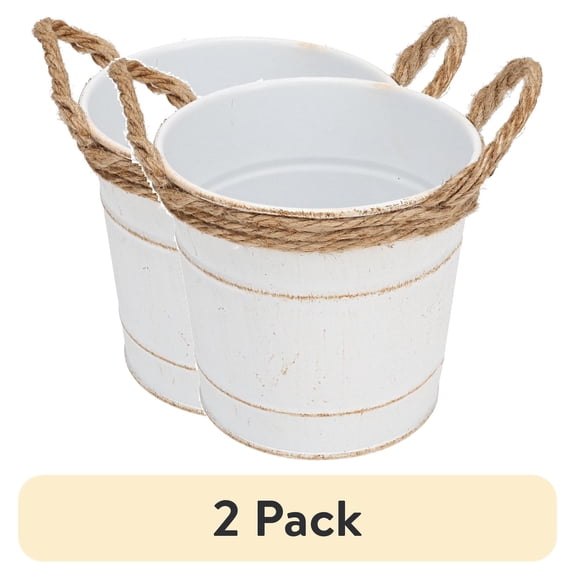 (2 pack) Hampton Art Rope Metal Bucket with Handles, 4.75'', White