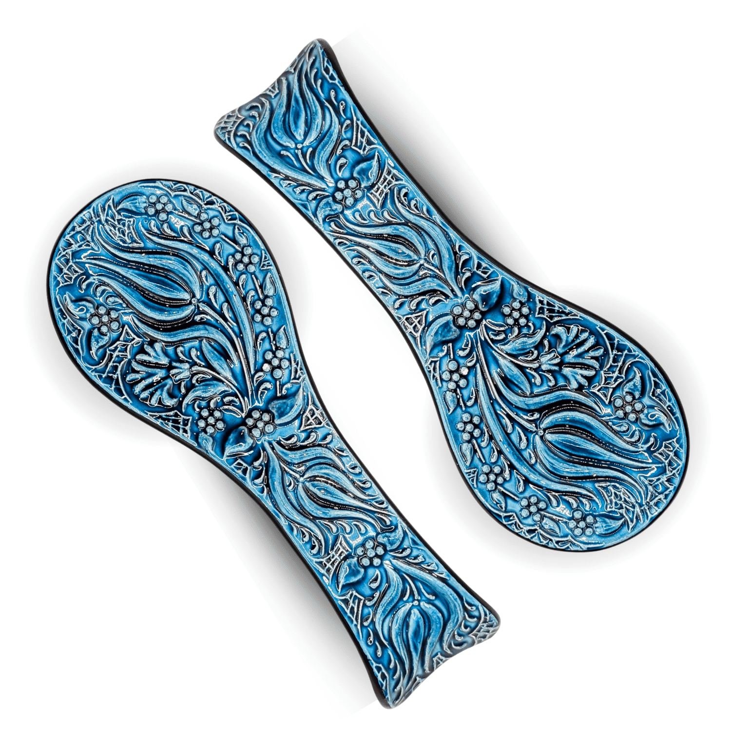 2-pack Handcrafted Mediterranean Ceramic Spoon Rest – Blue Floral Tulip Pattern – Heat-Resistant, Decorative & Functional