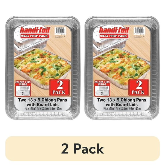 (2 pack) Handi-Foil Aluminum Meal Prep Pan w/ Folded Lid, 2 Count, 13" x 9"
