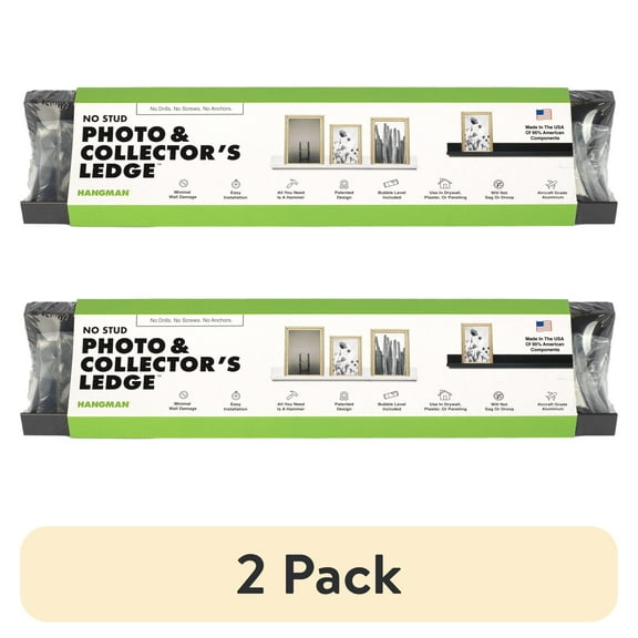(2 pack) Hangman No Stud Photo & Collector's Ledge Floating Shelf - 12" - Black - Aluminum - Level and Hardware Included - No Drills or Anchors Needed
