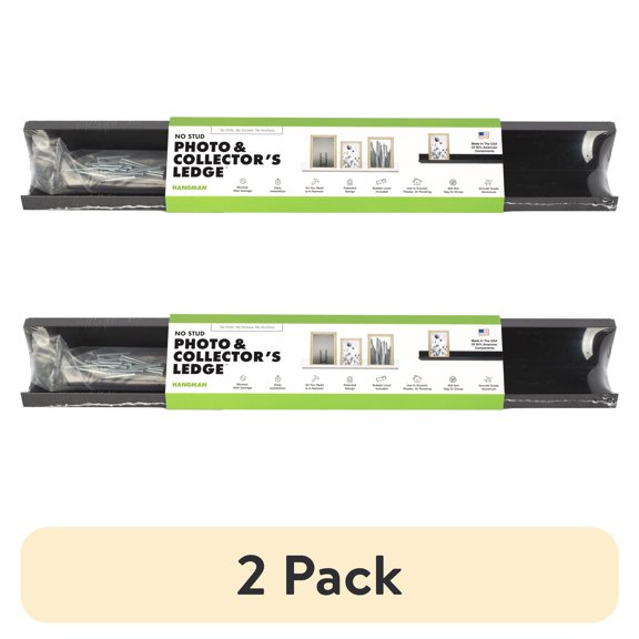 (2 pack) Hangman No Stud Photo & Collector's Ledge Floating Shelf - 18" - Black - Aluminum - Level and Hardware Included - No Drills or Anchors Needed