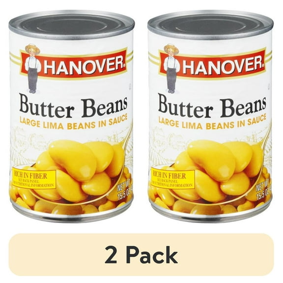 (2 pack) Hanover Butter Beans Large Lima Beans in Sauce, 15.5 oz Can Rich-in-Fiber Southern-Style Side
