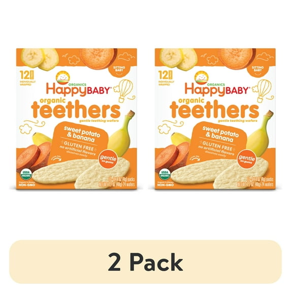 (2 pack) Happy Baby Organics Teethers, Sweet Potato & Banana Organic Gluten Free Gentle Teething Wafers, Box of 12-2packs (24 wafers)