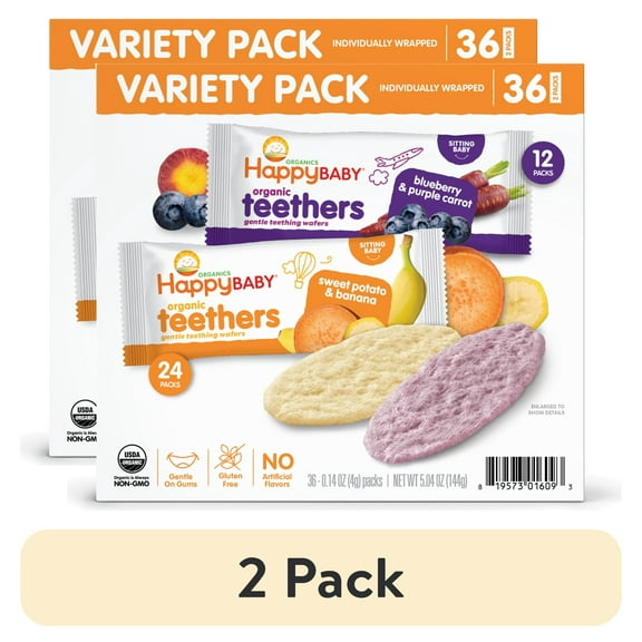 (2 pack) Happy Baby Organic Teethers, Sweet Potato & Banana Gluten Free Gentle Teething Wafer , 0.14 oz Packs (36 Pack)